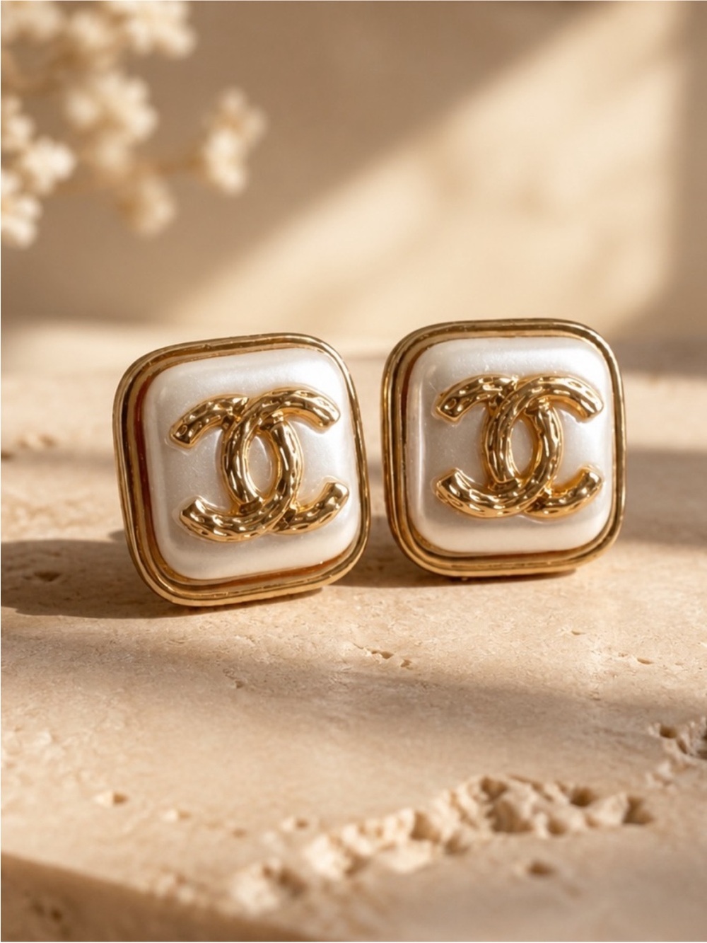 CHANEL Gold and Cream Square CC Logo Stud Earrings